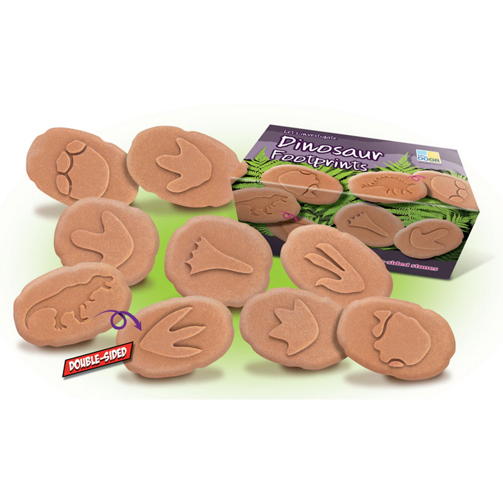 Juego de 8 piedras color terracota con huellas de dinosaurio en relieve, de doble cara, junto a su caja que dice Dinosaur Footprints.