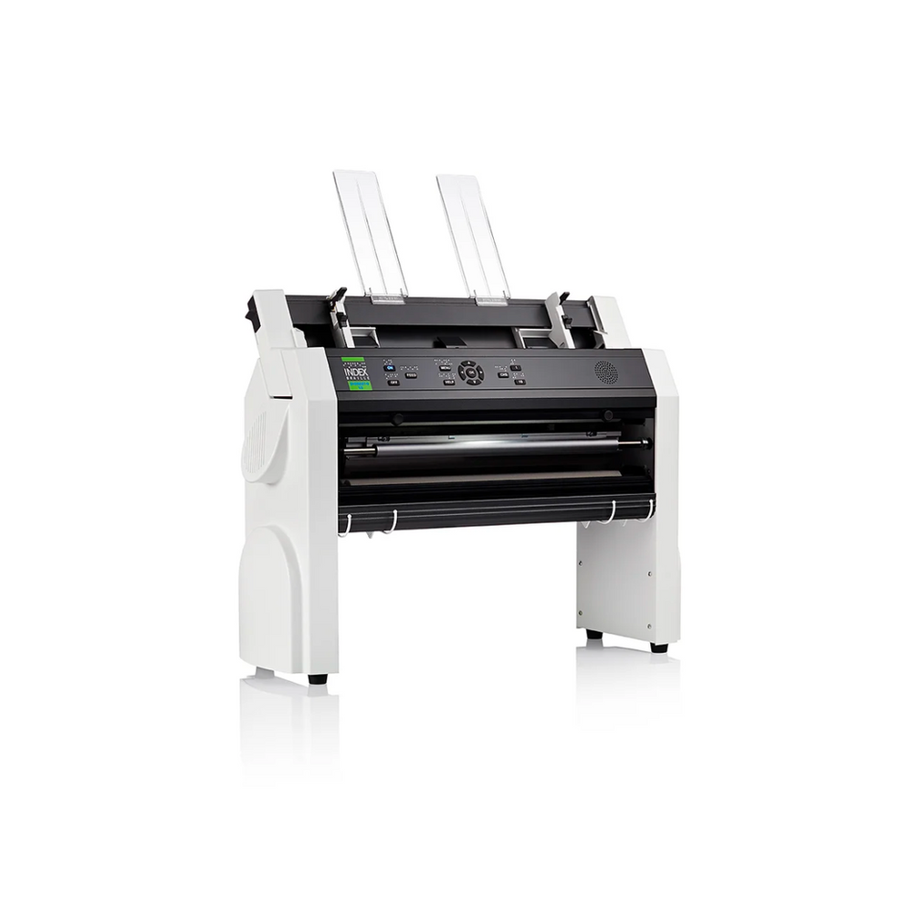 Impresora braille Everest-D V5 sobre su pedestal blanco, con cuerpo negro, panel de botones al frente y guías de papel transparentes levantadas en la parte superior. (foto 1 de 4)
