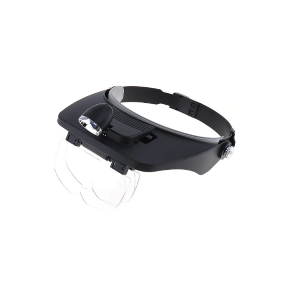 Lupa tipo gorra para la cabeza, de plástico negro, con banda ajustable con perilla, visera con luz LED al centro y lentes transparentes abatibles al frente. (foto 1 de 4)
