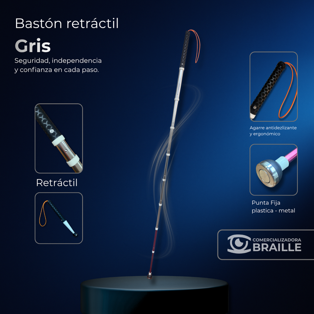 Bastón blanco retráctil de color gris con mango negro antideslizante, cordón naranjo y punta fija redonda de plástico y metal; recuadros muestran el mango, la unión retráctil y la punta.