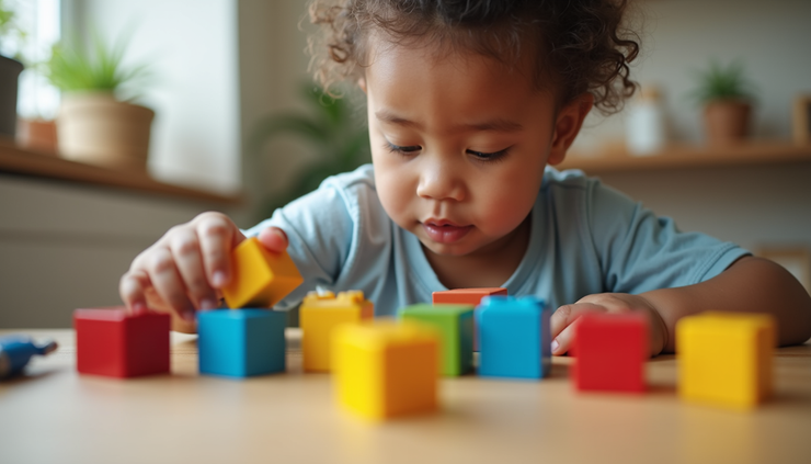 Vue en plongée d’un enfant jouant avec des blocs de construction colorés sur une table en bois