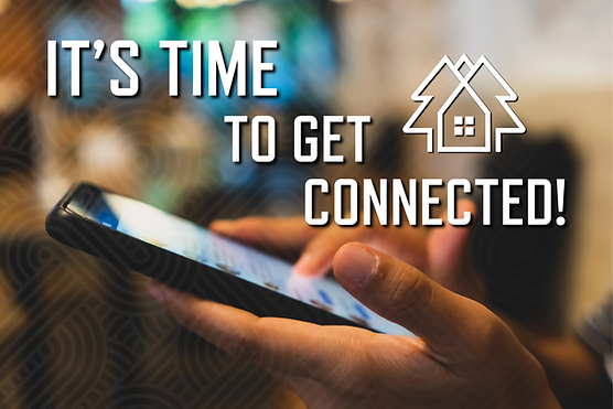 Picture of a hand using a modern cell phone with the word It's time to get connected and the Housing Washing logo mark.