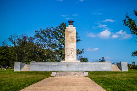 Eternal Light Peace Memorial tower rising against a blue sky at Gettysburg
