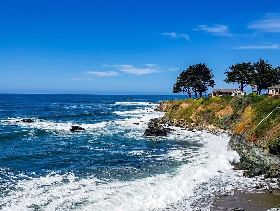 Rocky California coastline with crashing waves and cypress trees near a coastal cliffside home