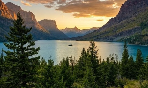 Golden sunset over St. Mary Lake with Wild Goose Island surrounded by dense pine forest and jagged mountain peaks in Glacier National Park