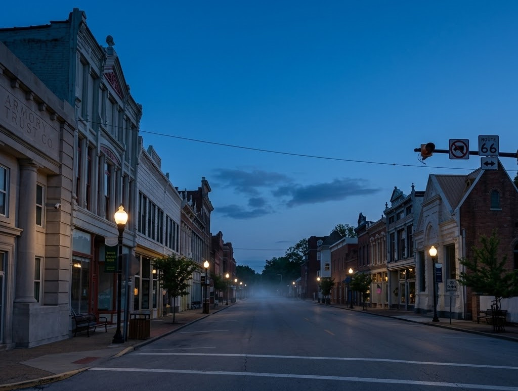 A foggy, historic downtown street in New Harmony at dusk, lined with old brick storefronts and illuminated by vintage streetlamps.