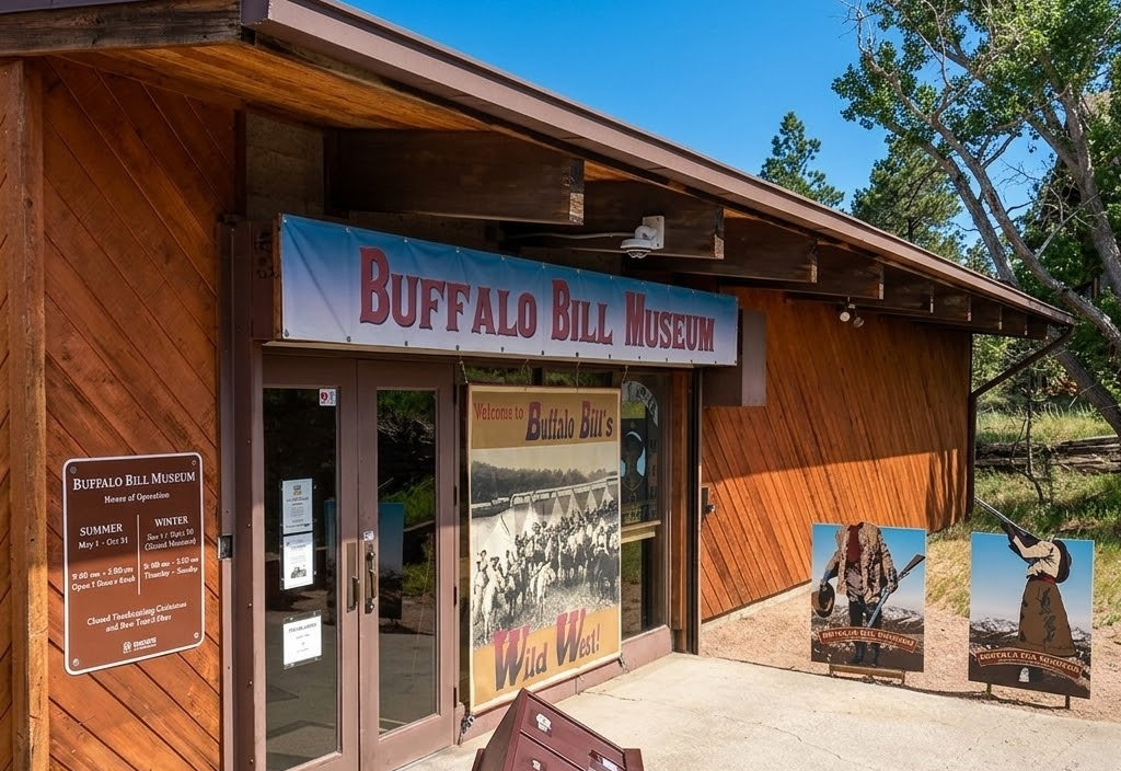 Exterior entrance of the Buffalo Bill Museum featuring wood-siding architecture, posters, and Wild West exhibit signage in Colorado.
