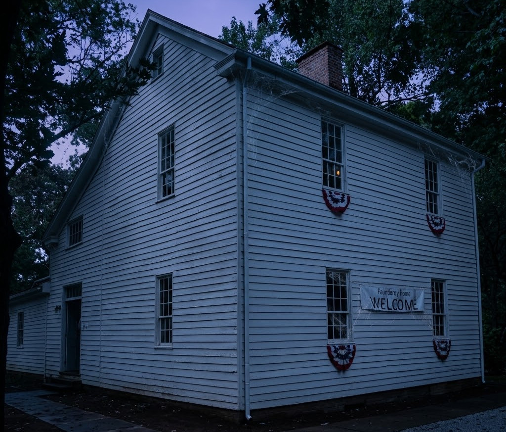 The historic Fauntleroy Home in New Harmony at night, decorated with a welcome banner and patriotic bunting, with spooky cobwebs clinging to the eaves under a dark blue sky.