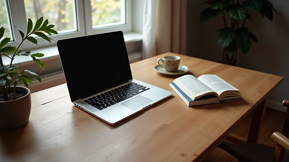 High angle view of a cozy home workspace with a laptop and Polish language book