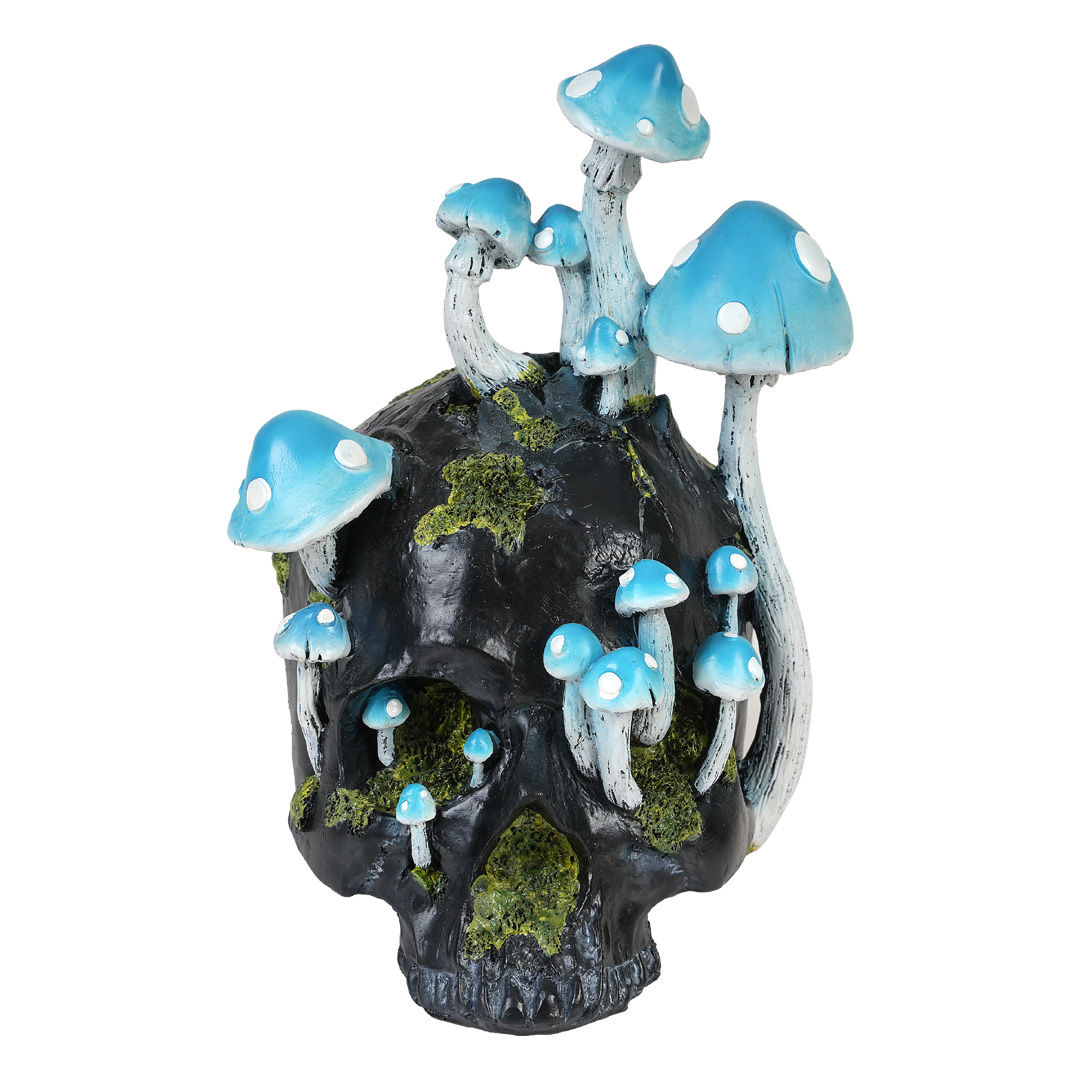 Black Skull with Mushrooms Figurine