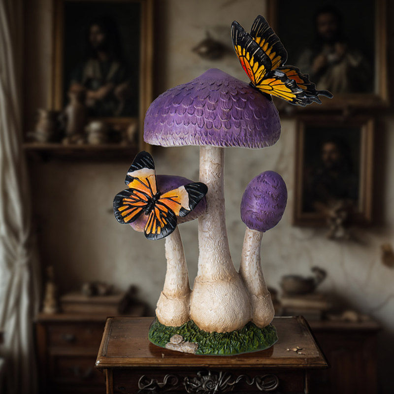 Purple Mushrooms with Butterflies Figurine