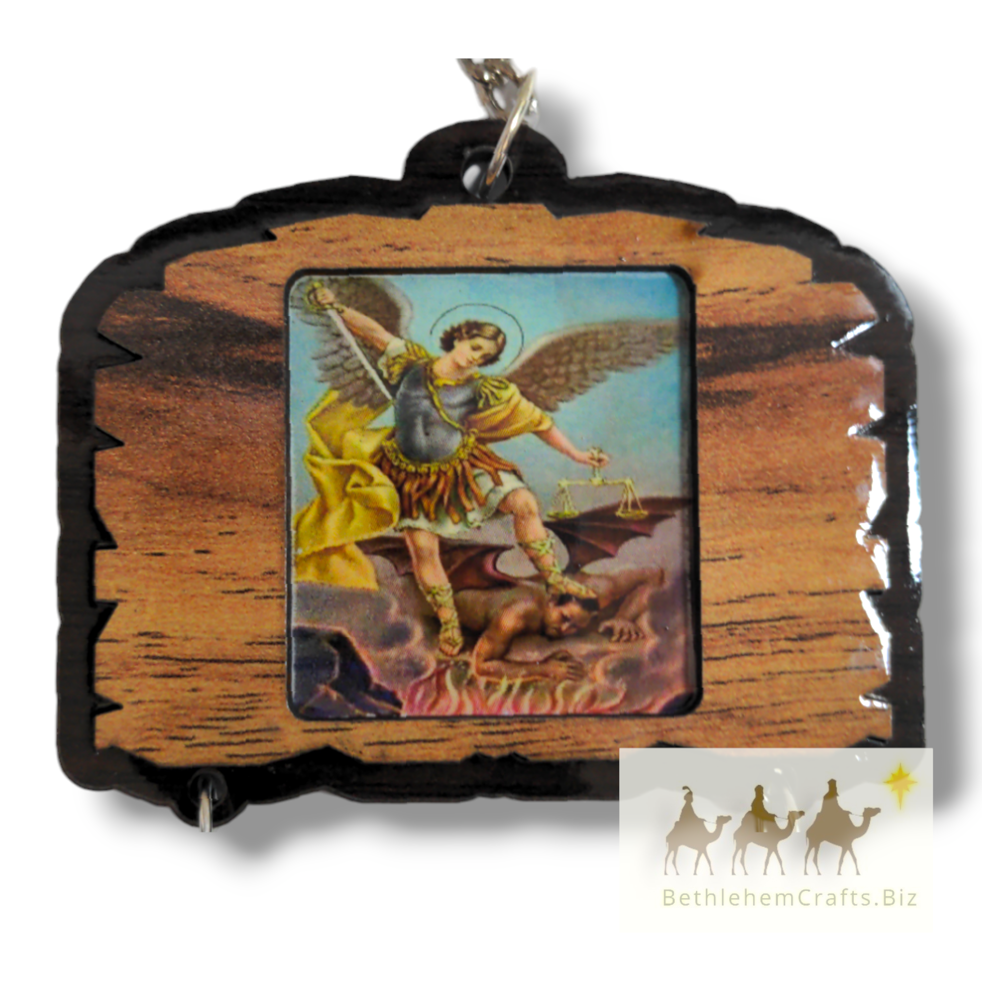 Authentic Holy Land olive wood prayer to saint michael archangel wall hanging handmade in Bethlehem for Catholic home d�cor