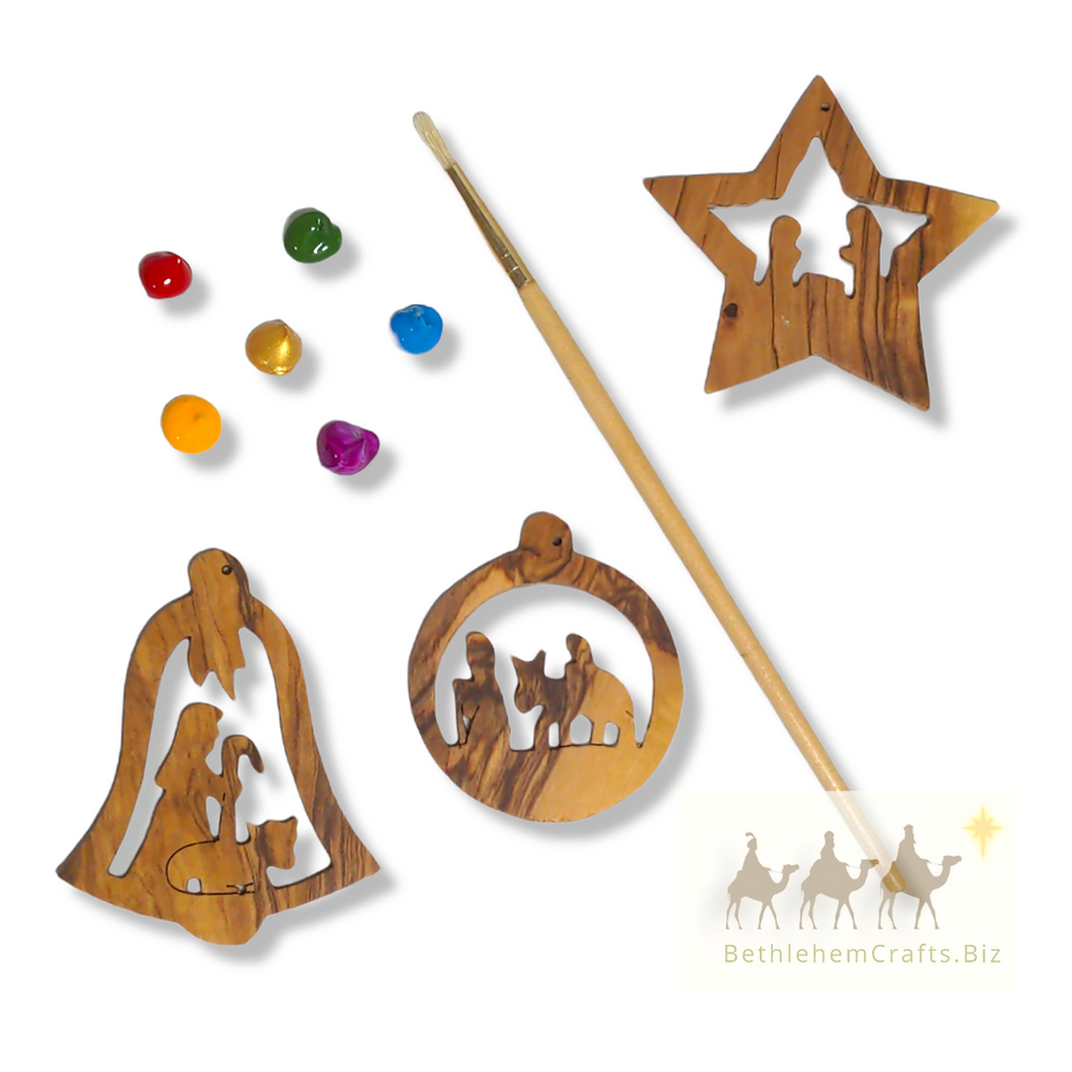 Thumbnail: Authentic Holy Land olive wood set of 10 nativity ornaments handmade in Bethlehem for natural wood Christmas tree d�cor gift