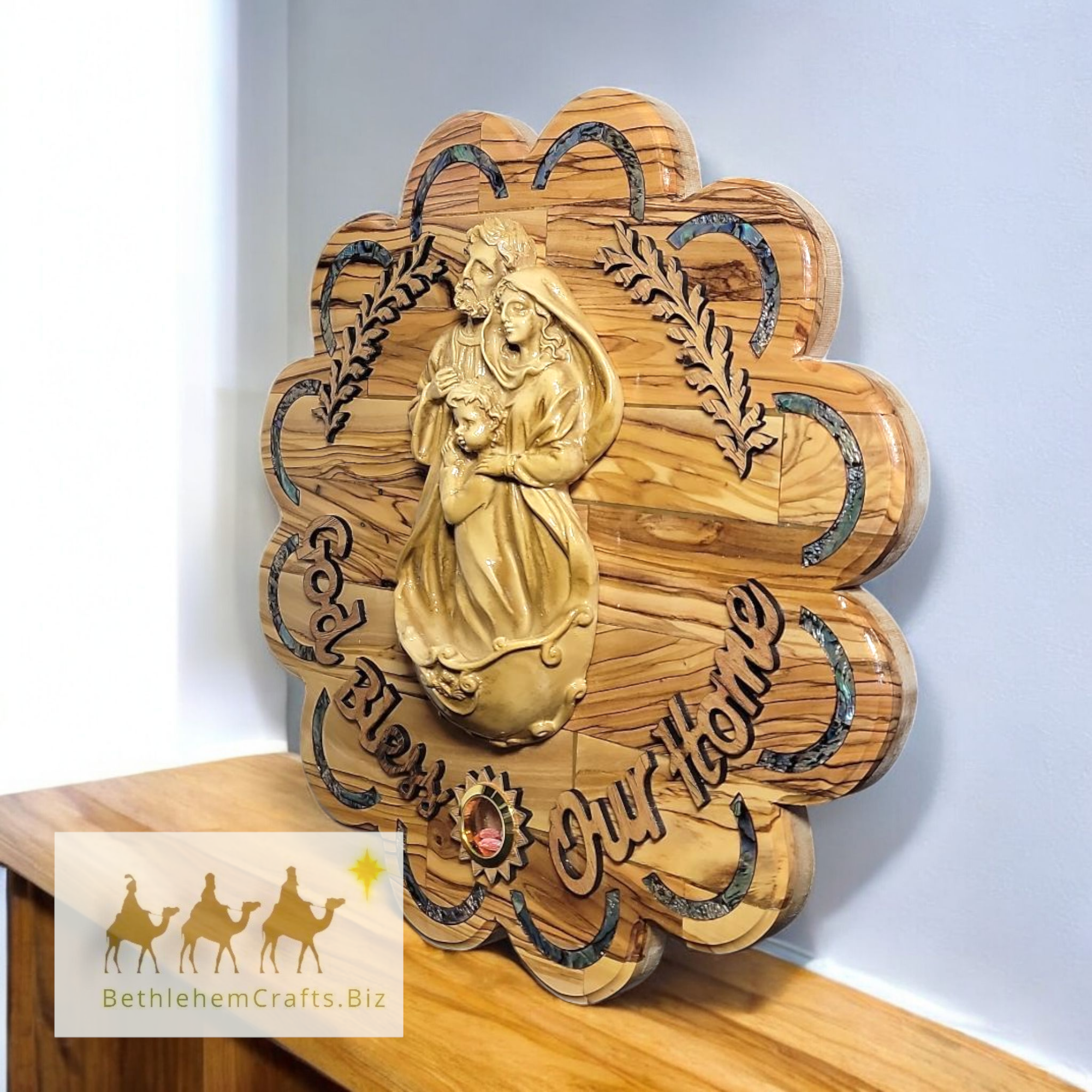 Authentic Holy Land olive wood holy family wall art handmade in Bethlehem for Catholic d�cor, housewarming Christian gift