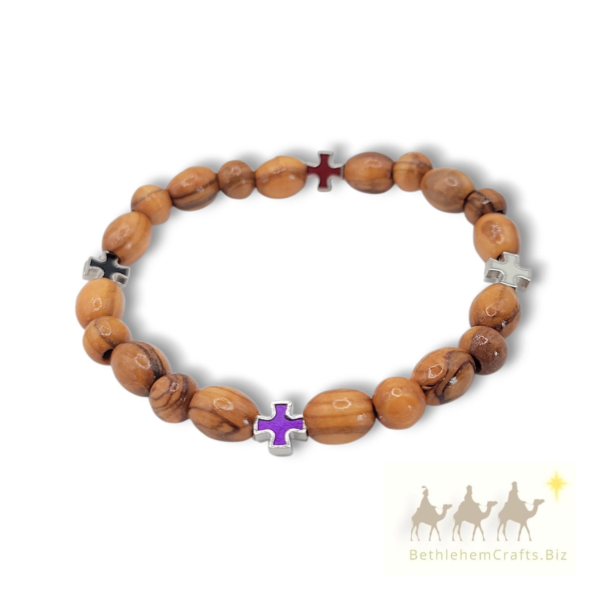 Authentic Holy Land olive wood bead bracelet with Greek cross handmade in Bethlehem for Catholic Christian Easter Gift.