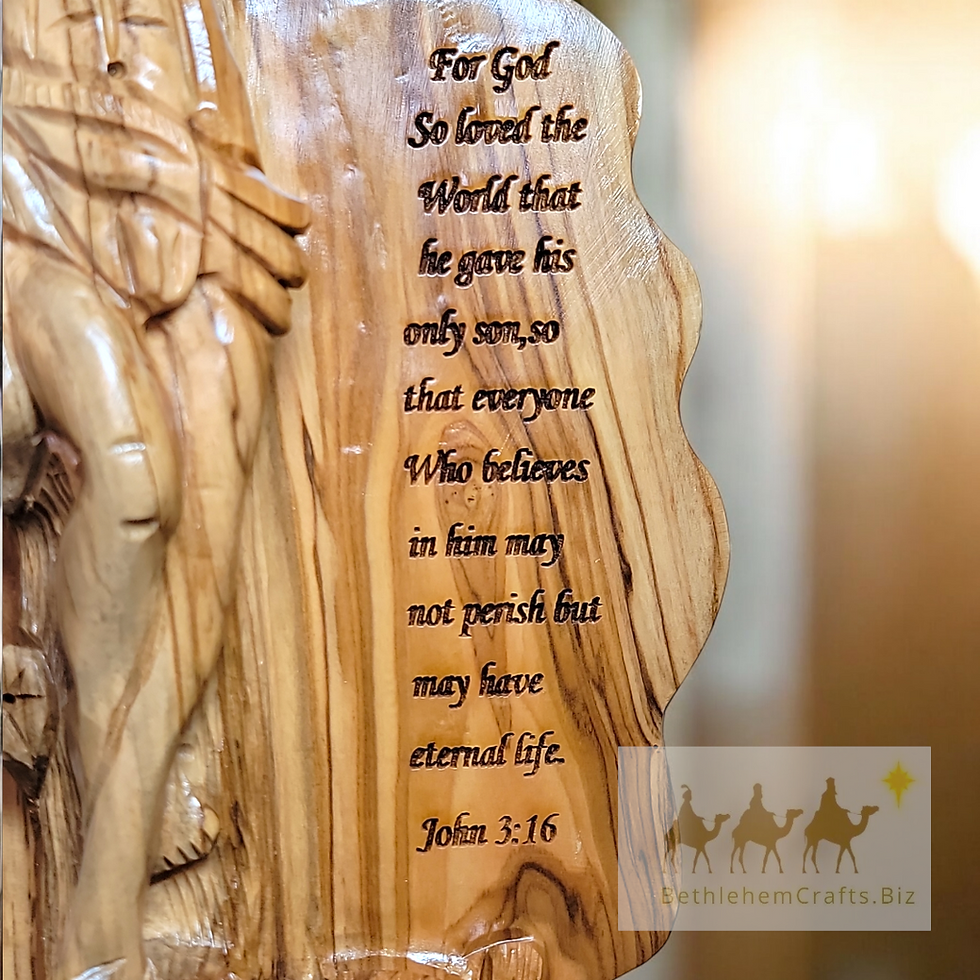 Thumbnail: Hand carved olive wood sculpture of Jesus on cross with John 3 16 verse, Christ crucified statue from Bethlehem Holy Land