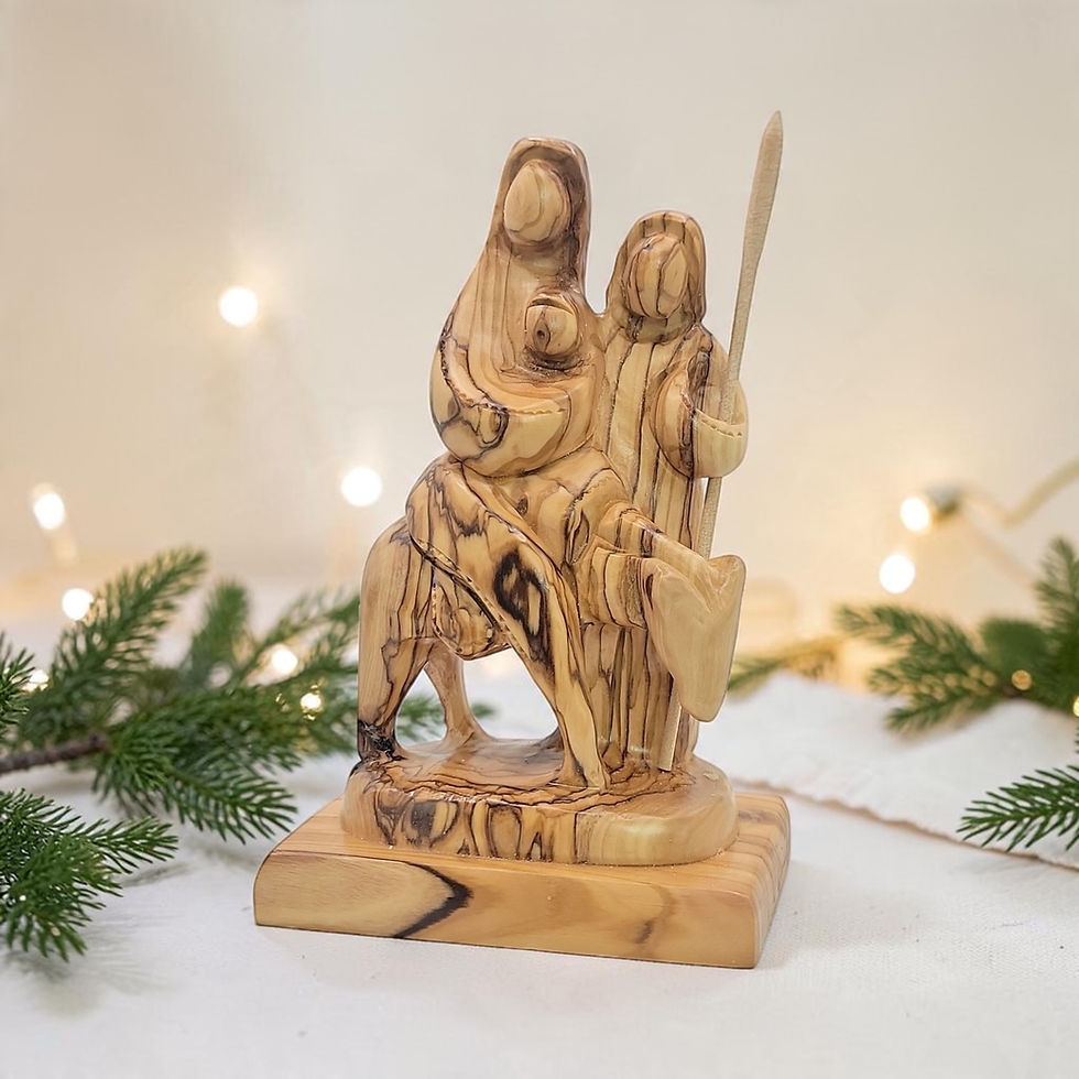 Hand-carved olive wood Flight to Egypt statue with the Holy Family, made by Christian artisans in Bethlehem