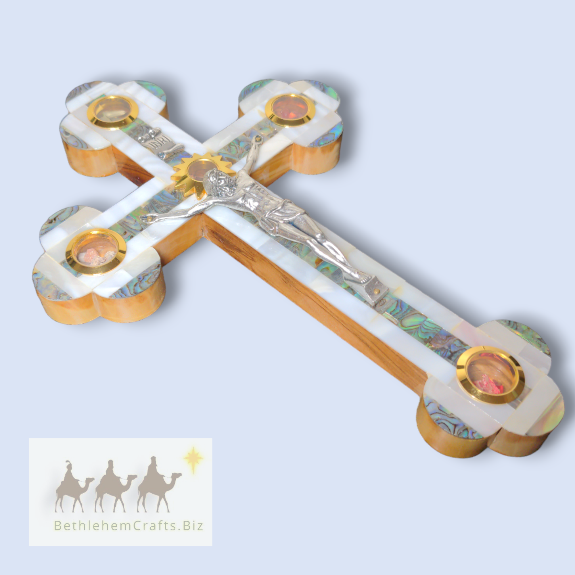 Authentic Holy Land olivewood mother of pearl budded crucifix cross handmade in Bethlehem for Catholic d�cor religious gift