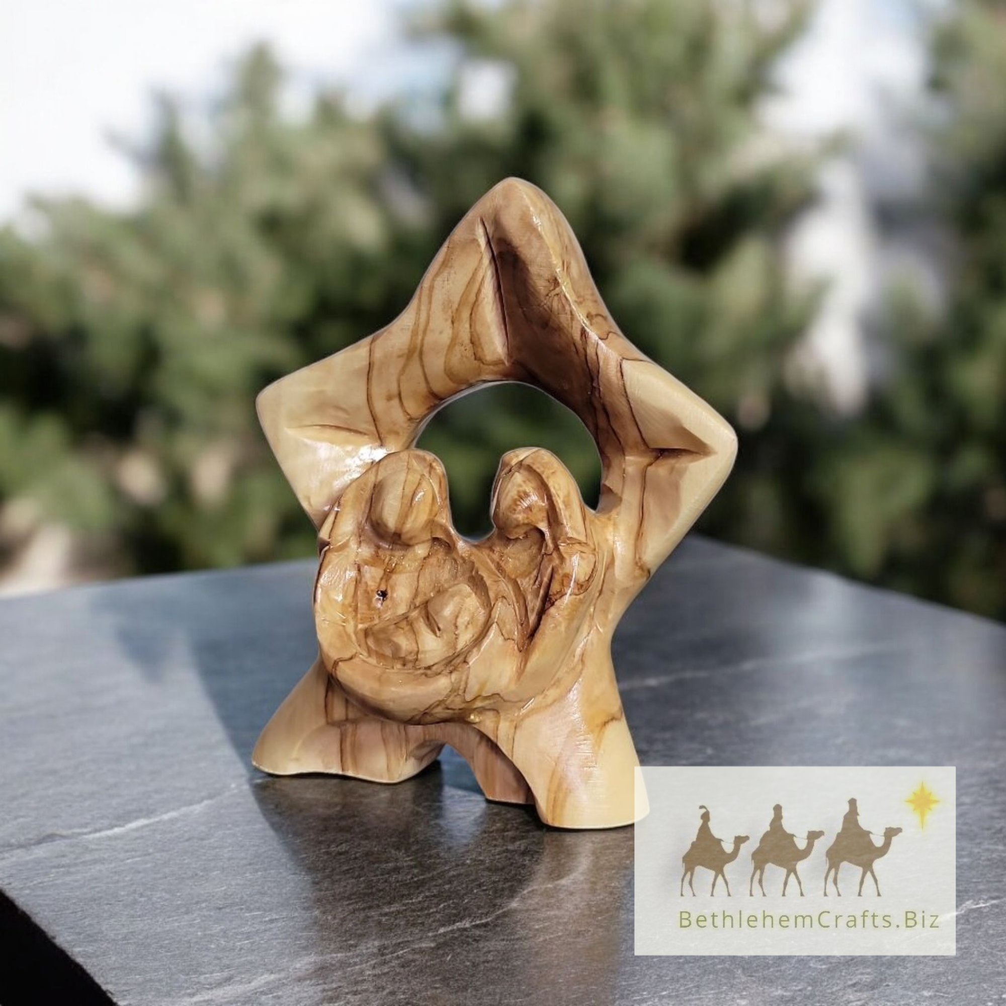 Authentic Holy Land olive wood Holy Family Star figurine handmade in Bethlehem for minimalist Christian Christmas d�cor gift