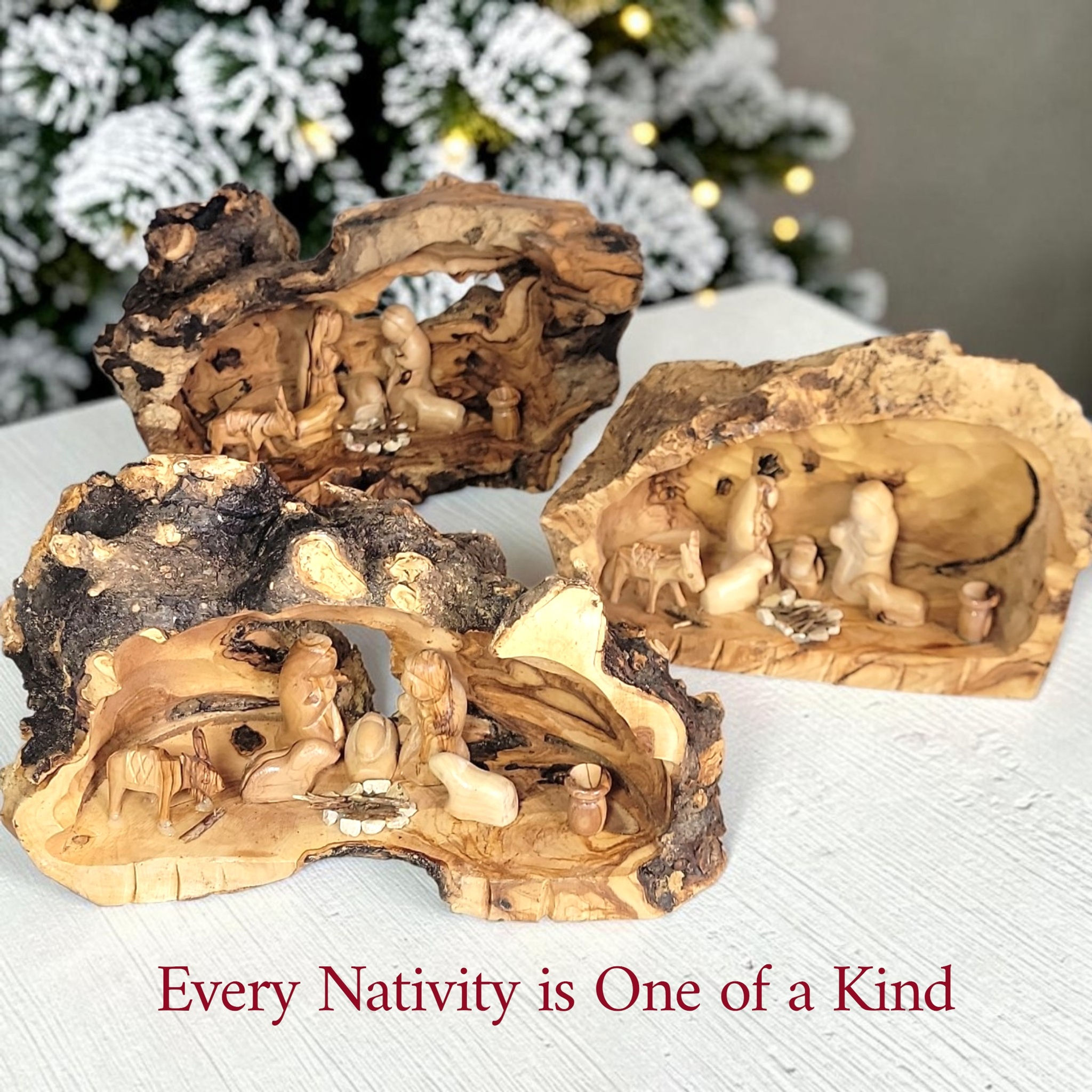 Authentic rustic cave olive wood nativity set with natural edge handmade in Bethlehem for Christian Christmas decor gift