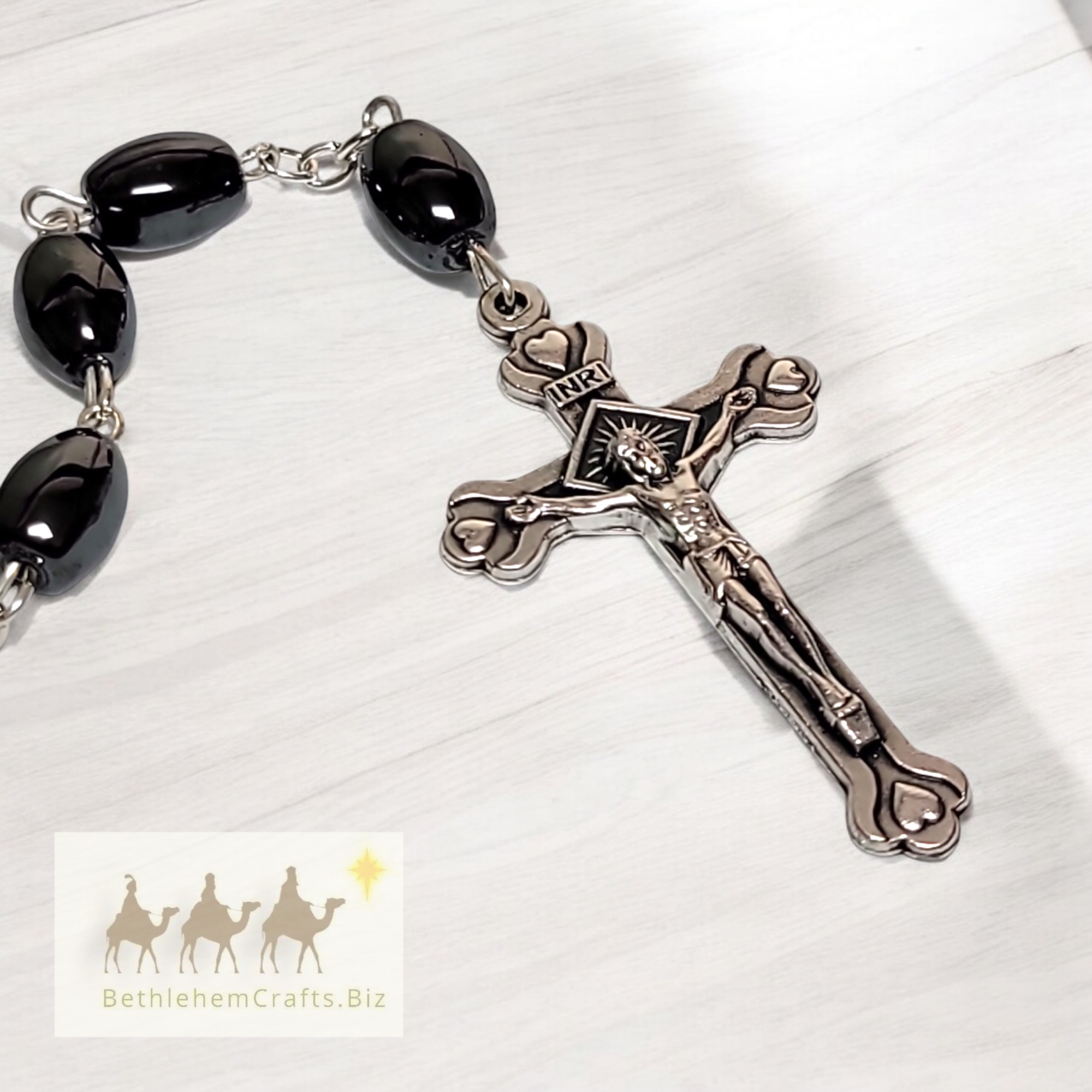 Authentic Holy Land hematite rosary handmade in Bethlehem for healing prayer and Catholic first communion confirmation gift