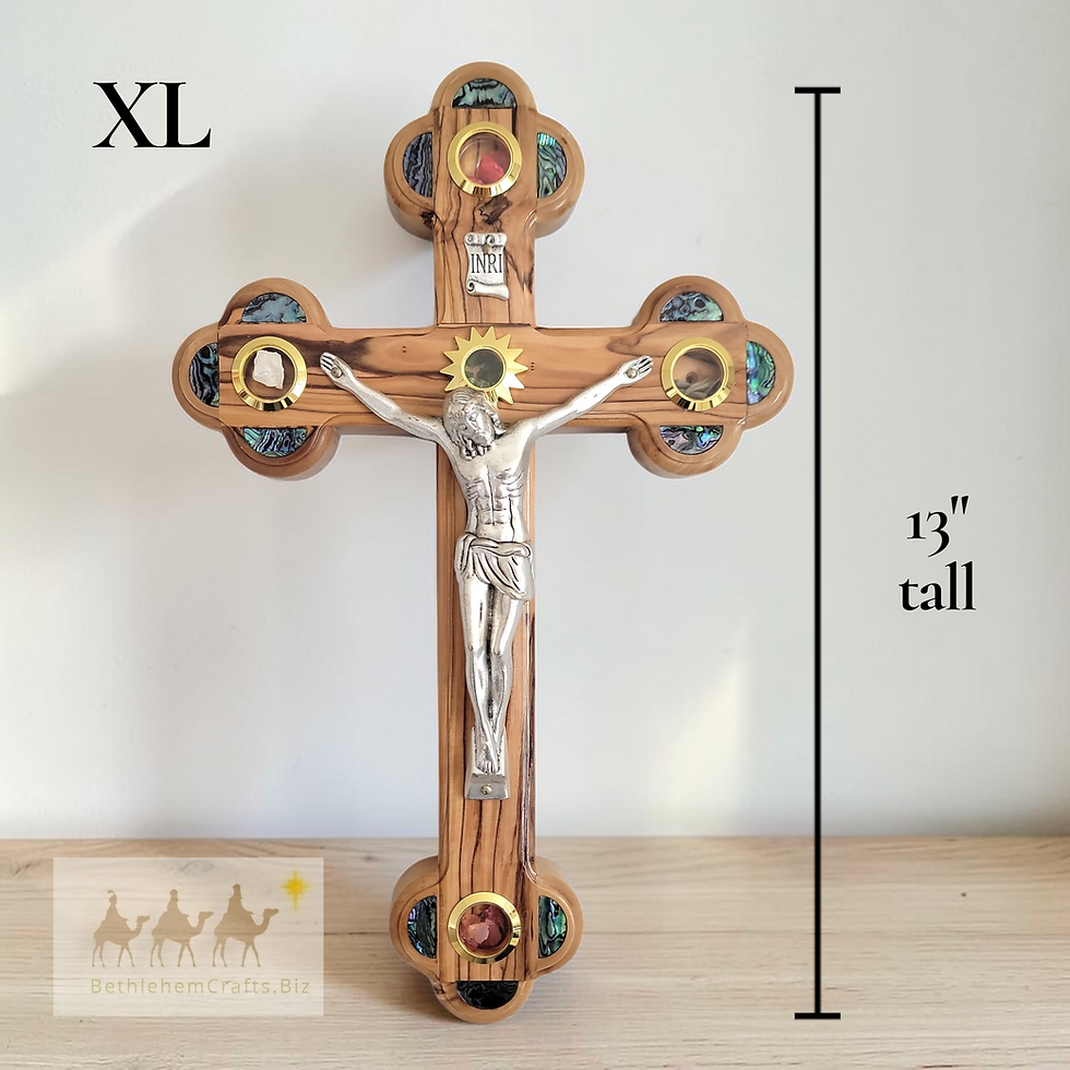 Thumbnail: Authentic Holy Land olive wood wall crucifix with abalone star handmade Bethlehem for Catholic d�cor confirmation RCIA gift