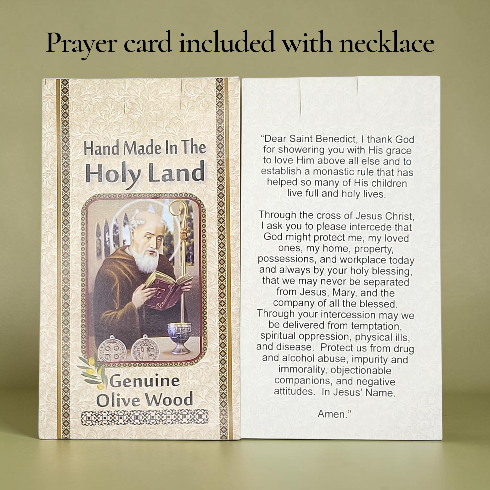 Authentic Holy Land olive wood St Benedict Crucifix Necklace Car Ornament handmade in Bethlehem for Catholic Gift.
