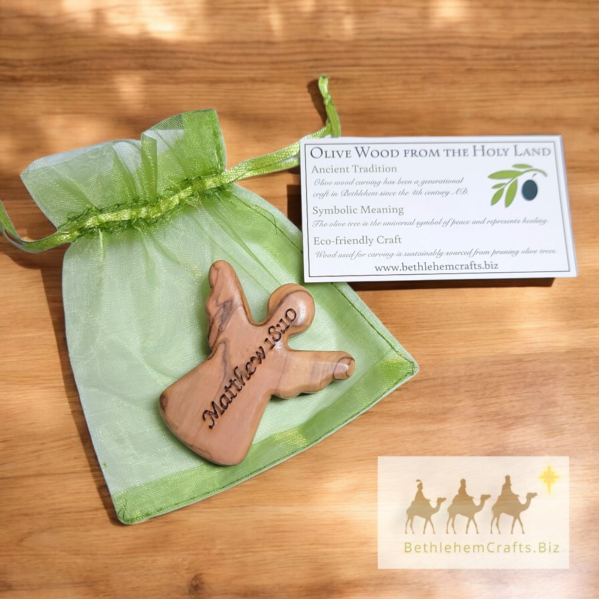 Authentic Holy Land olive wood personalized pocket angel with birthstone handmade in Bethlehem birthday baptism new baby gift