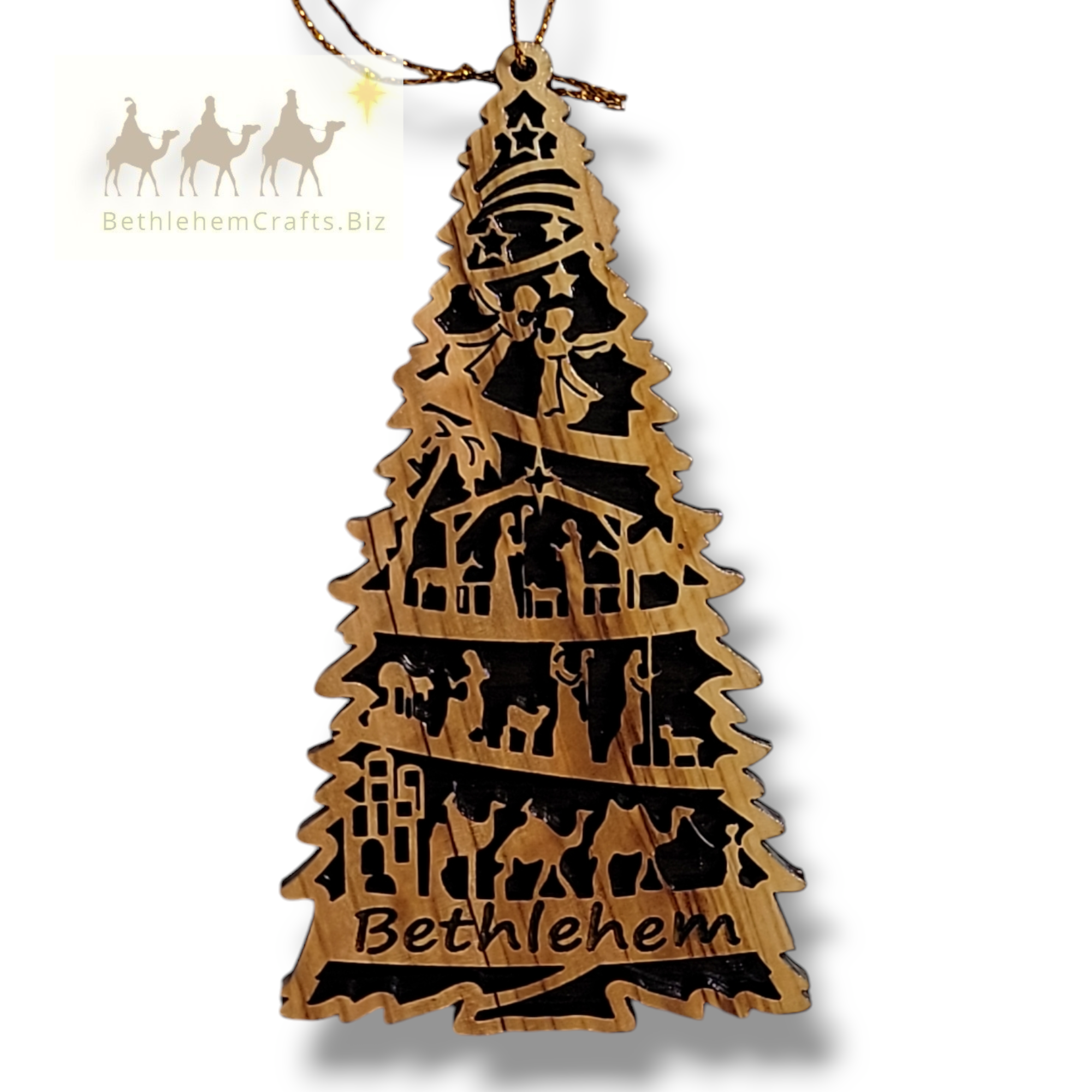 Authentic Holy Land olive wood tree shape nativity ornament handcrafted in Bethlehem for Christian gift Christmas d�cor