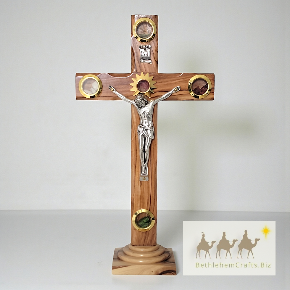 Thumbnail: Authentic Holy Land olive wood table top crucifix cross handmade by Christians in Jerusalem for Catholic home d�cor gift.