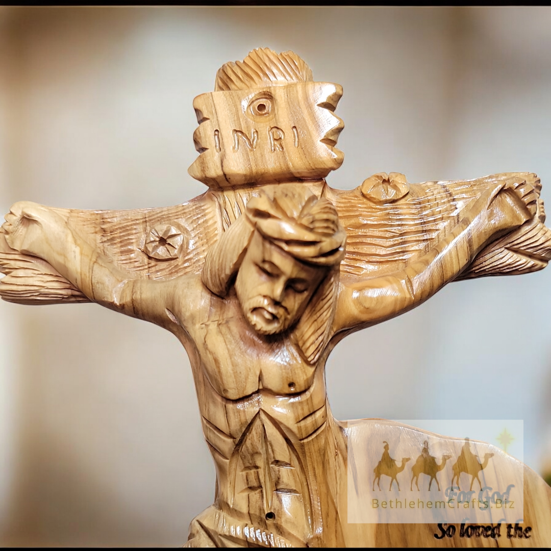 Authentic Holy Land olive wood Jesus on Cross statue handmade carving with bible verse from Bethlehem for Christian  d�cor