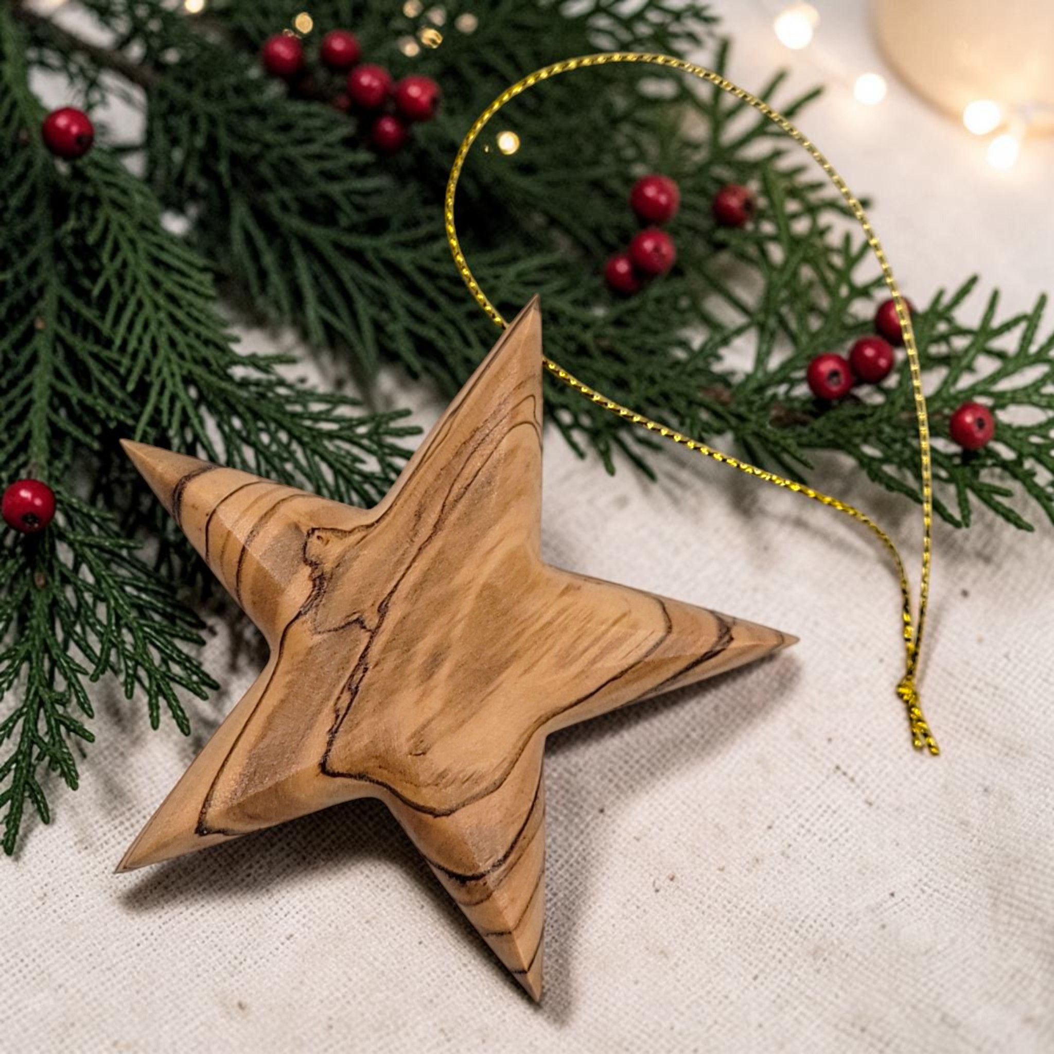 Personalized Olive Wood Star Ornament | Handmade Bethlehem Christmas Gift