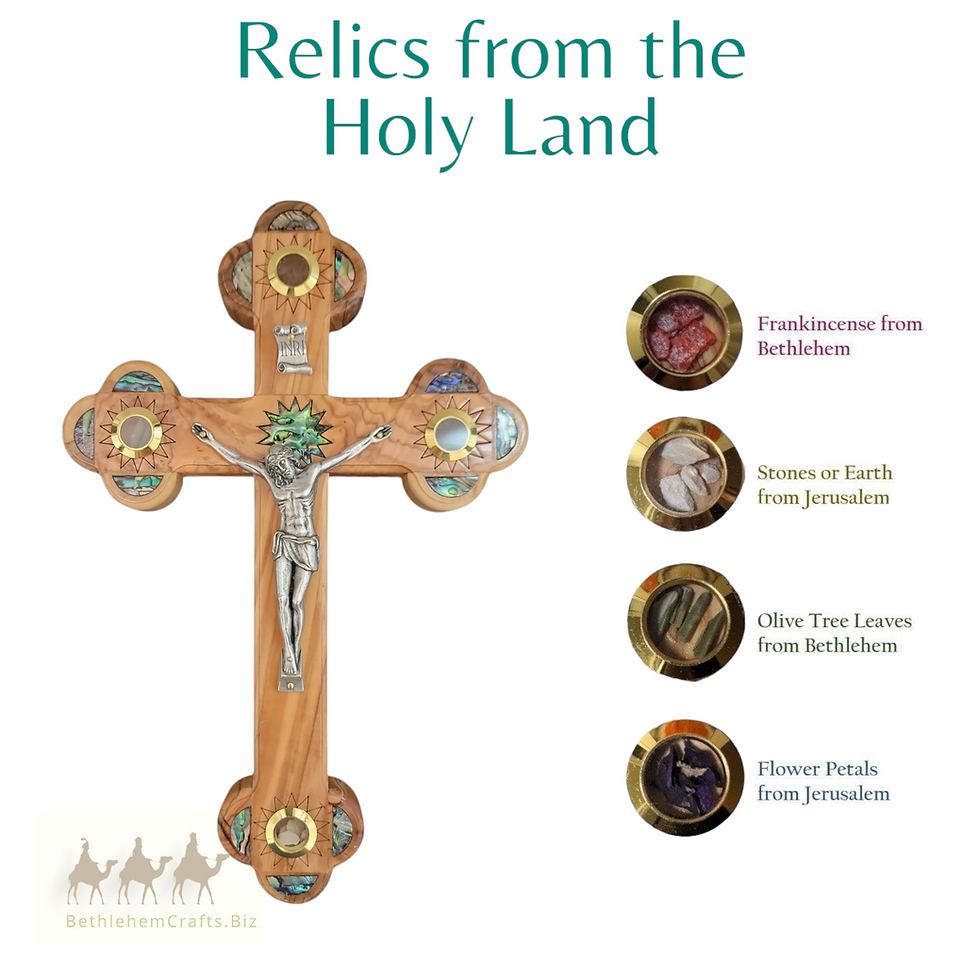 Thumbnail: Authentic Holy Land olive wood wall crucifix with abalone star handmade Bethlehem for Catholic d�cor confirmation RCIA gift