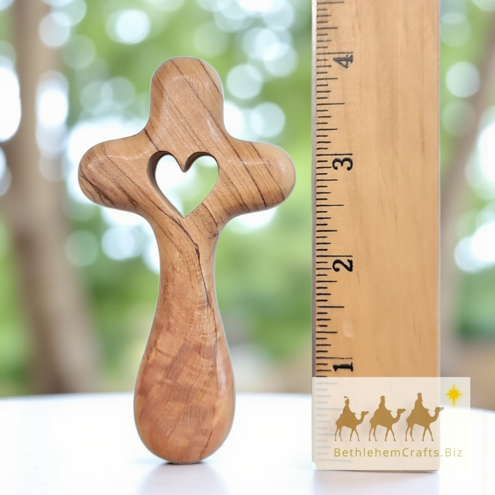 Authentic Holy Land olive wood pocket palm cross with dove heart or fish symbol handmade in Bethlehem for Personalized Gift
