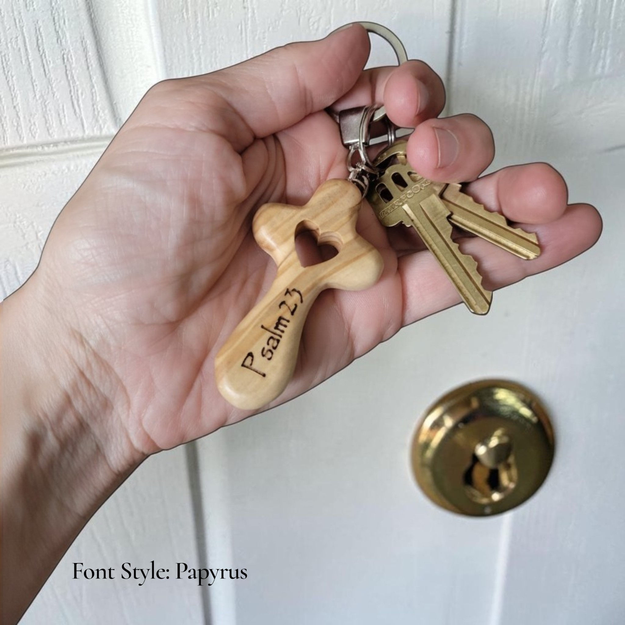 Authentic Holy Land olive wood cross keychain with heart shape handmade in Bethlehem for Personalized Christian Gift.  