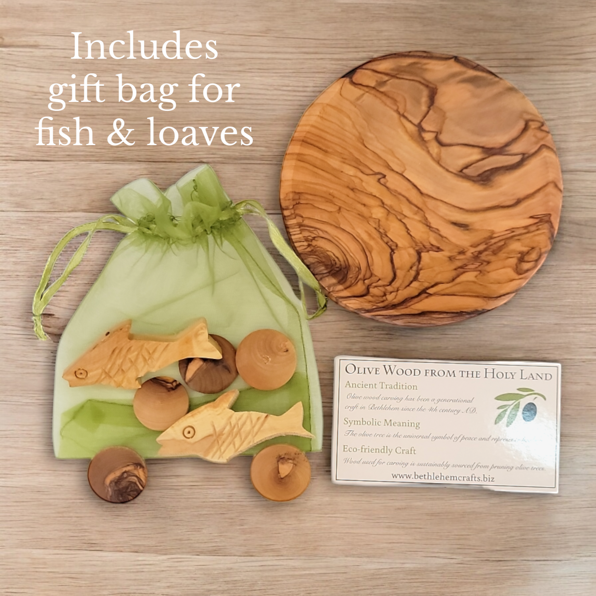Authentic Holy Land olive wood 2 fish and 5 loaves bible toy handmade in Bethlehem for Sunday school craft or religious gift