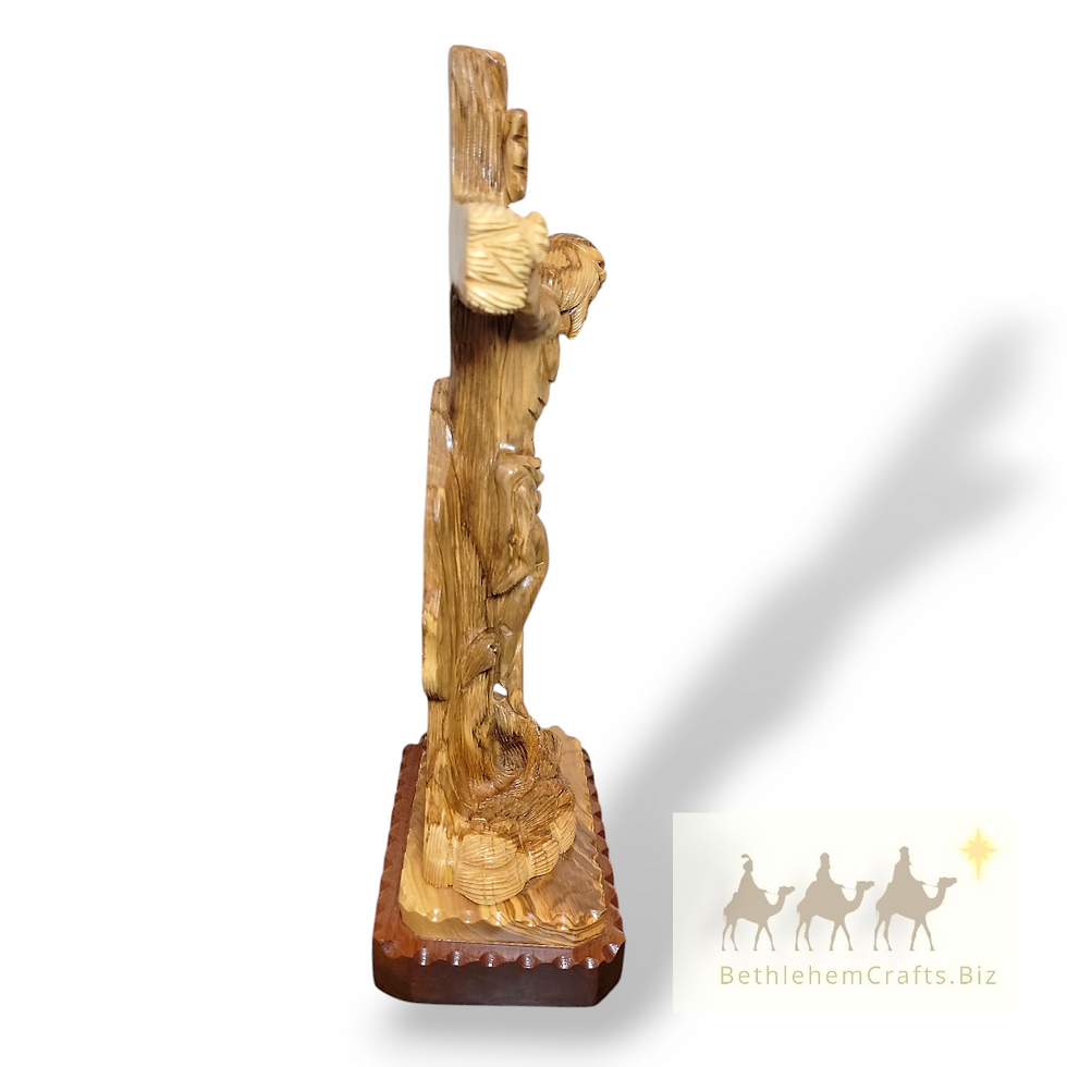 Thumbnail: Hand carved olive wood sculpture of Jesus on cross with John 3 16 verse, Christ crucified statue from Bethlehem Holy Land