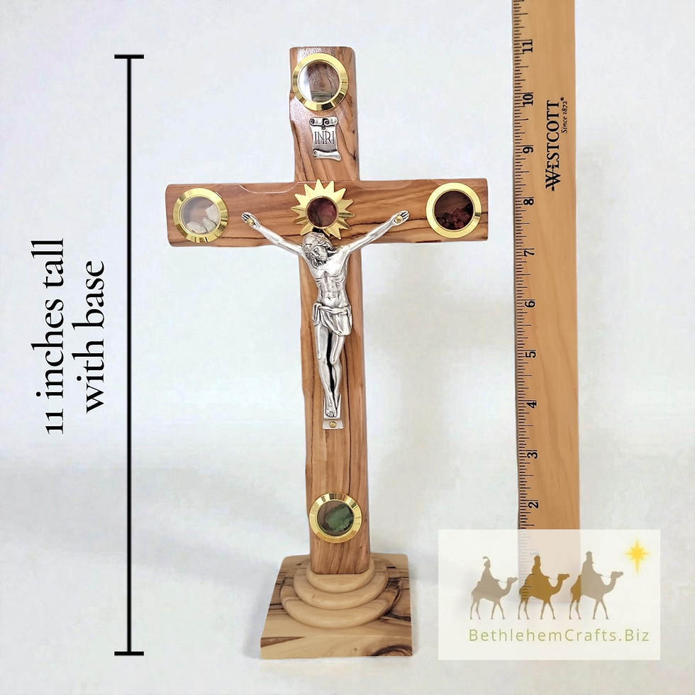 Thumbnail: Authentic Holy Land olive wood table top crucifix cross handmade by Christians in Jerusalem for Catholic home d�cor gift.