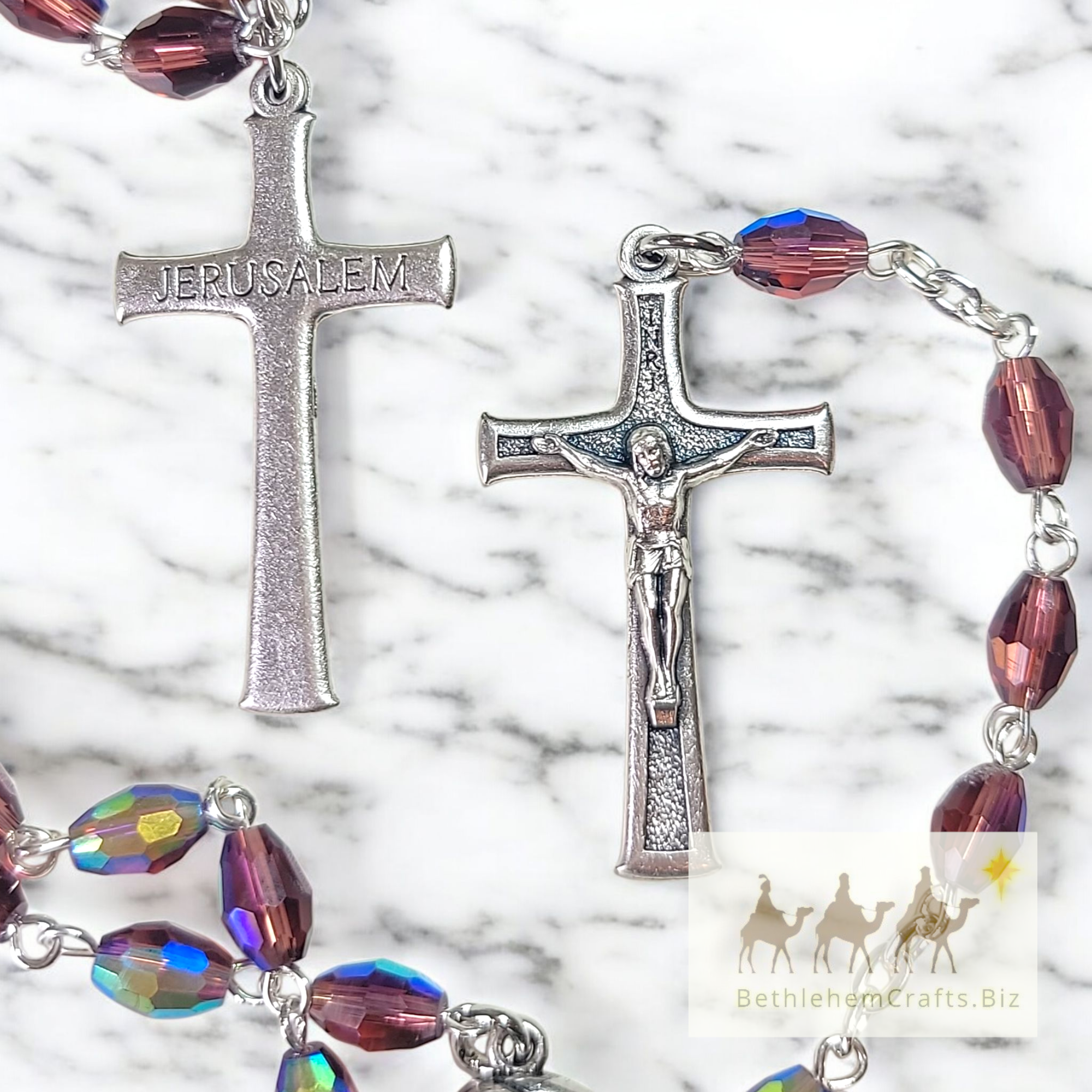 Authentic Holy Land pink purple rosary beads with jerusalem soil handmade in Bethlehem Catholic confirmation religious gift