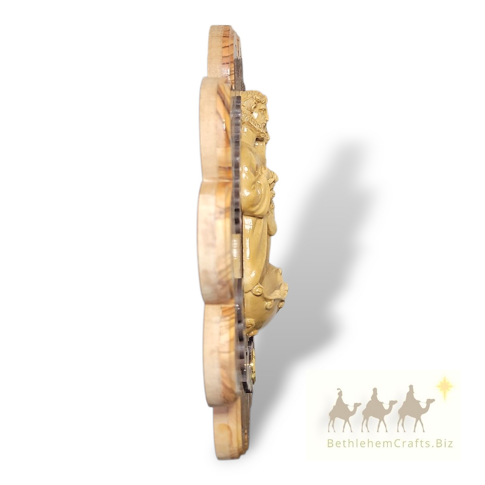 Thumbnail: Holy Family Wall Art from Bethlehem, handmade olivewood plaque with abalone shell and ceramic for Catholic home decor
