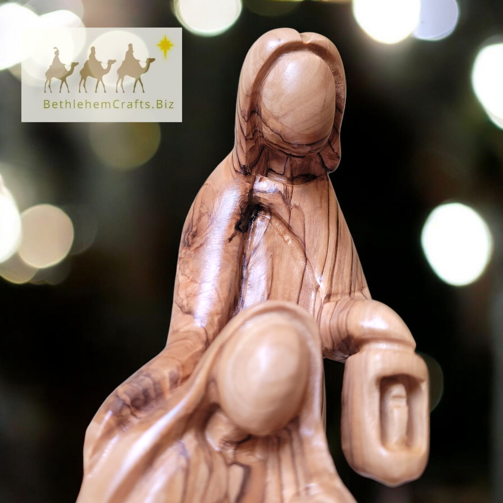 Authentic Holy Land olive wood minimalist modern holy family lantern statue handmade in Bethlehem, Christian Christmas gift
