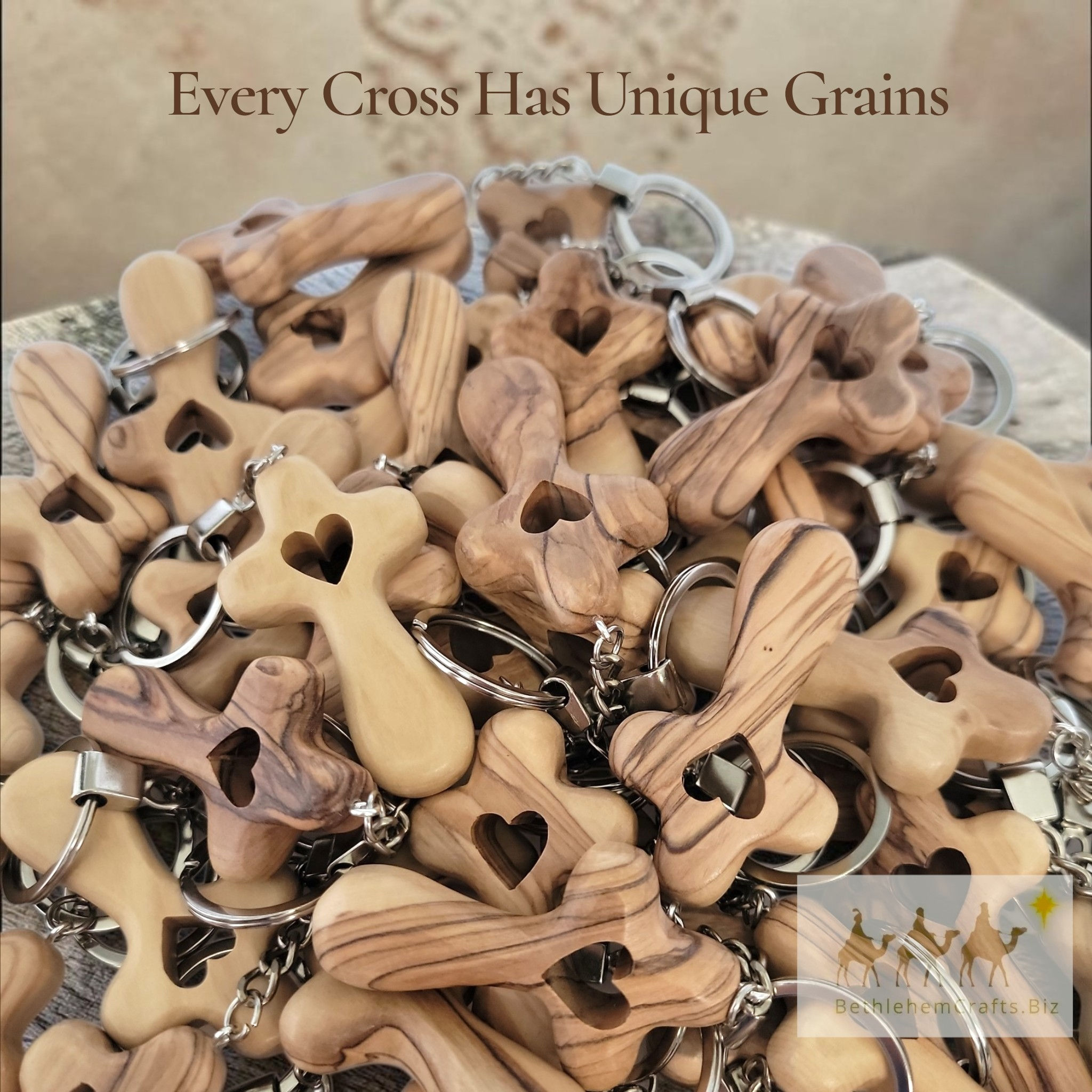 Authentic Holy Land olive wood cross keychain with heart shape handmade in Bethlehem for Personalized Christian Gift.  