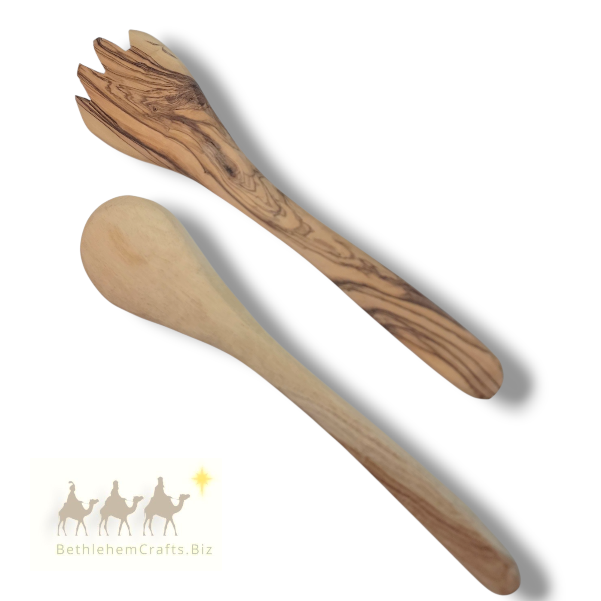 Authentic Holy Land olive wood pair of serving spoons handmade in Bethlehem for kitchen utensils, Christmas, foodie gift