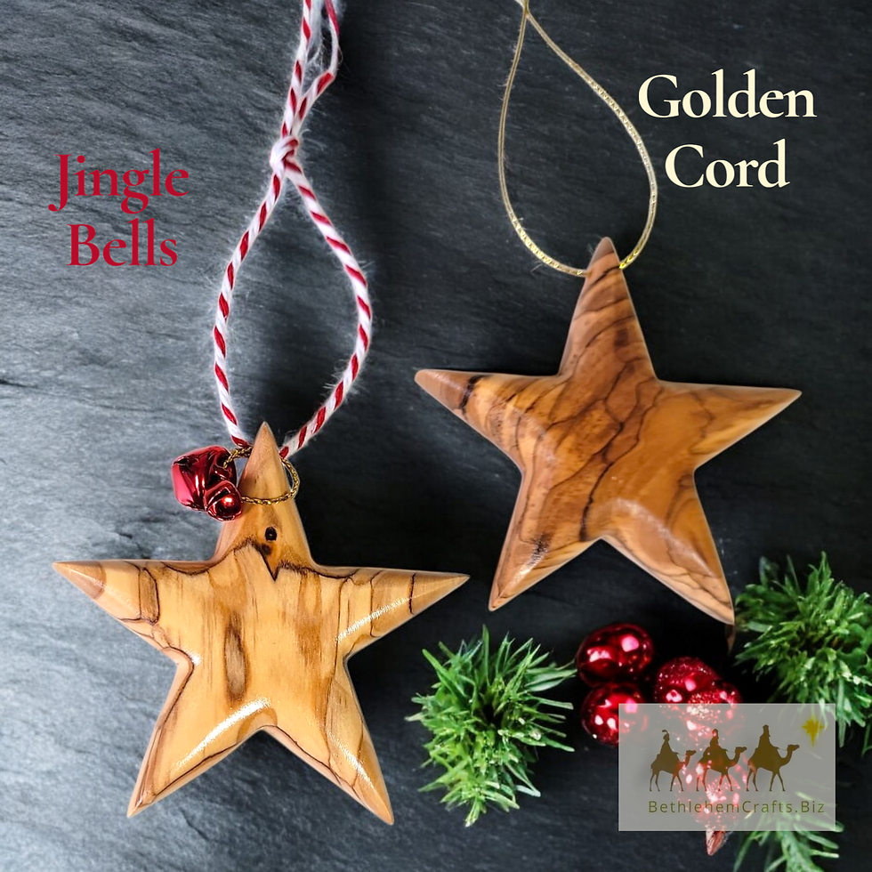 Thumbnail: Authentic Holy Land olive wood custom engraved star ornament with bells handmade in Bethlehem for Personalized Christmas gift