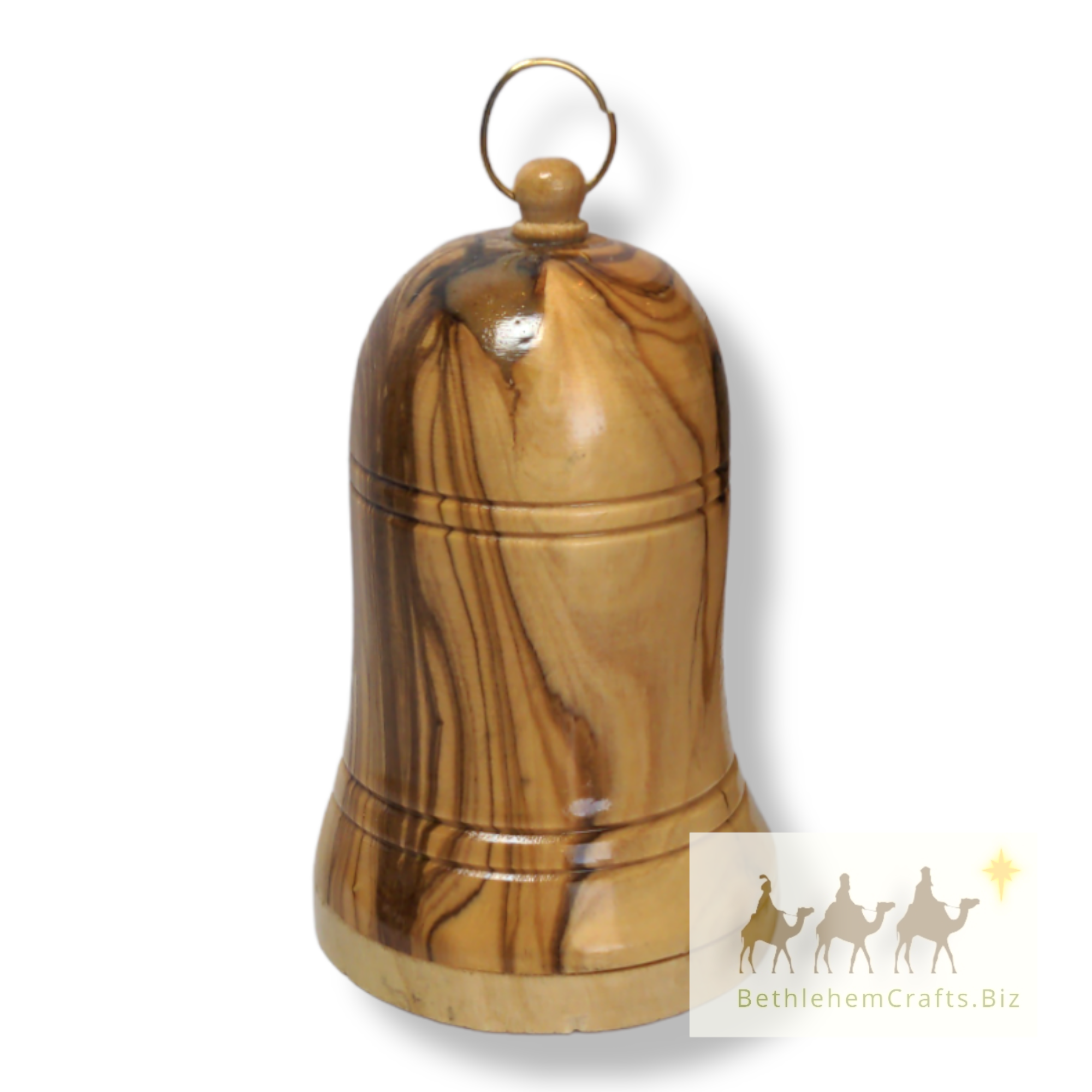 Authentic Holy Land olive wood 3D bell shaped nativity ornament handmade in Bethlehem for Christian Christmas d�cor gift