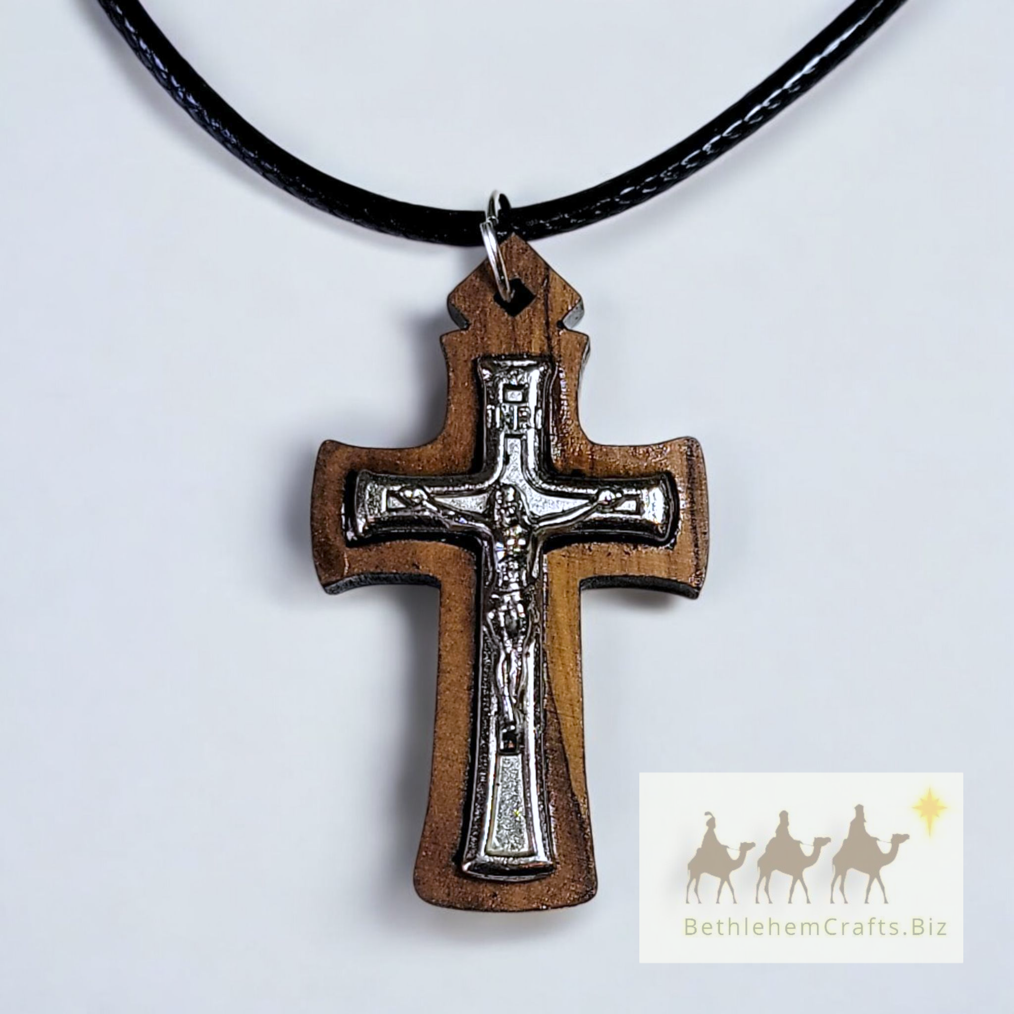Authentic Holy Land olive wood mens crucifix necklace on black leather cord handmade in Bethlehem for Christian Catholic gift