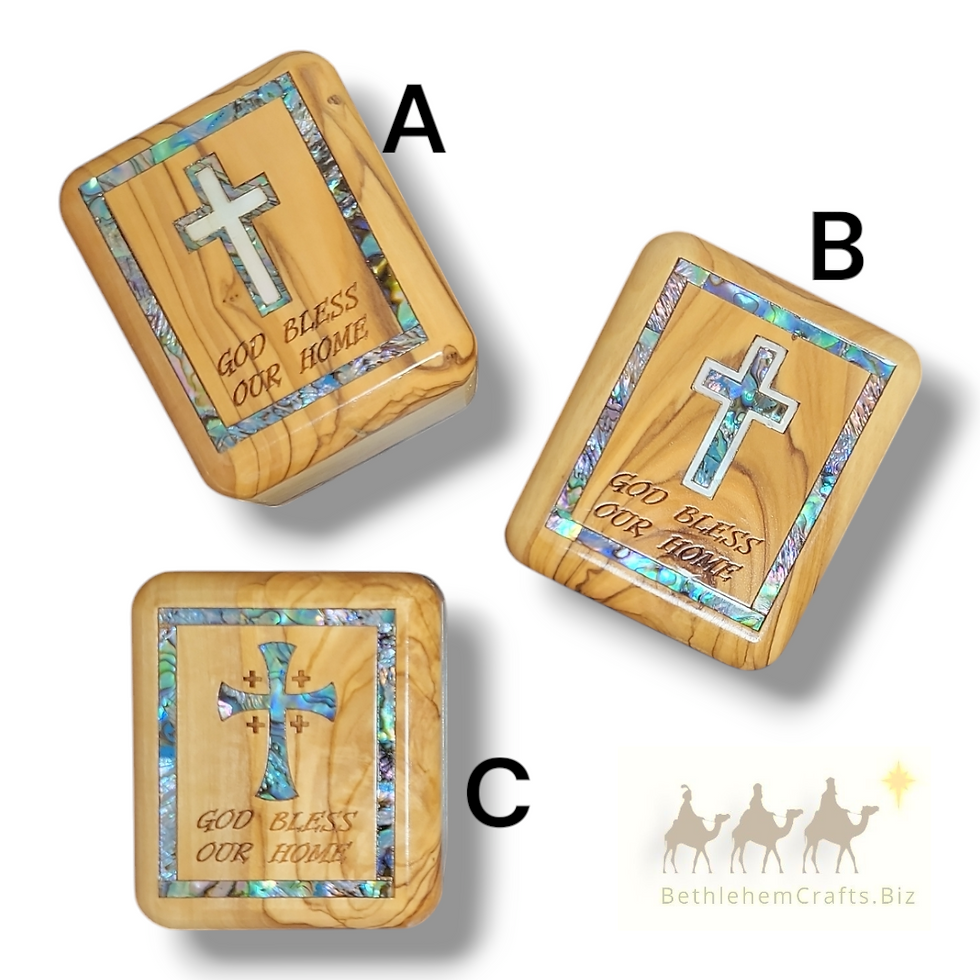 Thumbnail: Authentic Holy Land olivewood jewelry rosary box with mother of pearl cross handmade in Bethlehem for Christian Catholic gift