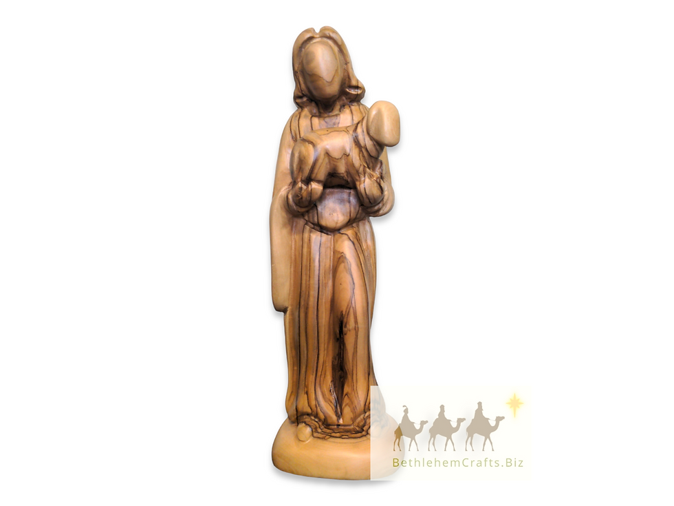 Thumbnail: modern faceless statue of Jesus the Good Shepherd, olive wood carving of a man carrying a sheep from the Holy Land