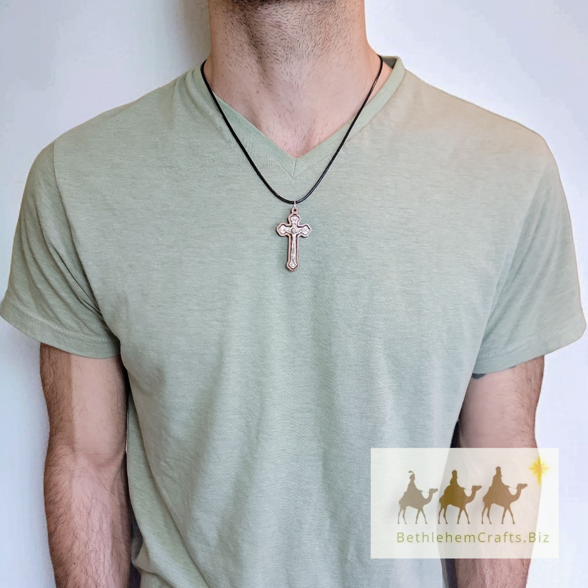 Authentic Holy Land olive wood mens crucifix necklace on black leather cord handmade in Bethlehem for Christian Catholic gift