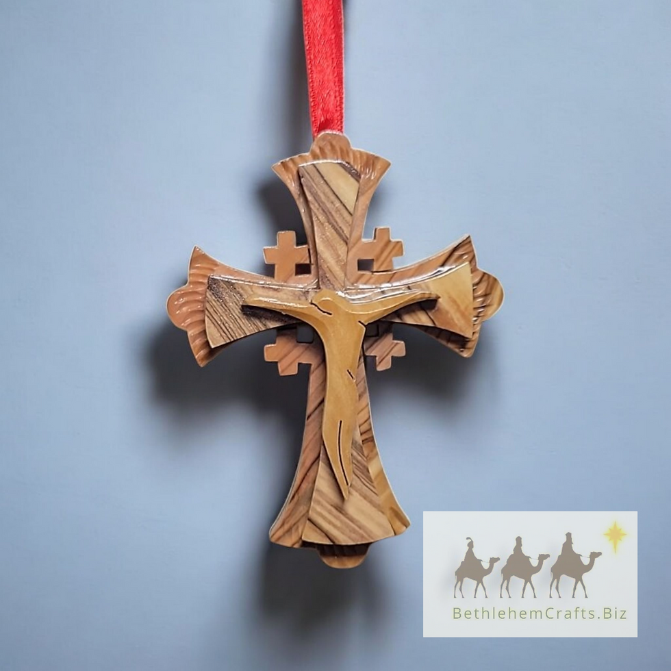 Thumbnail: Authentic Holy Land olive wood small tau crucifix, wall cross or ornament handmade in Bethlehem for Christian Christmas d�cor